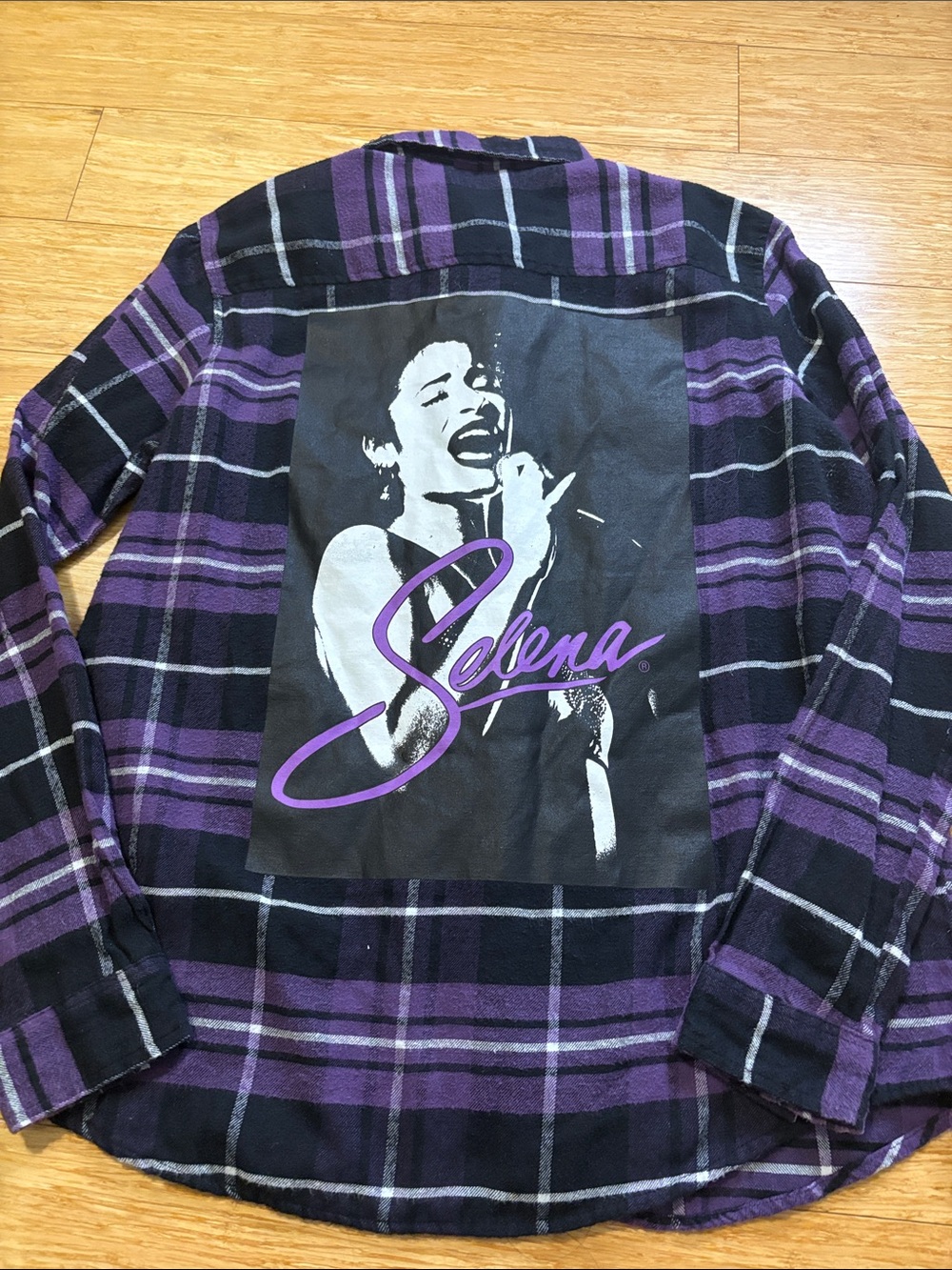 Official Selena Merchandise Purple Plaid Flannel Back Patch Graphic Shirt large